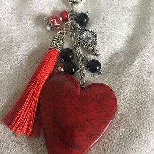 Red Heart Bag Charm with Tassel & Beads